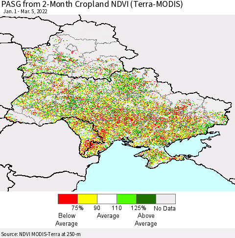 Ukraine, Moldova and Belarus PASG from 2-Month Cropland NDVI (Terra-MODIS) Thematic Map For 2/26/2022 - 3/5/2022