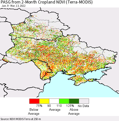Ukraine, Moldova and Belarus PASG from 2-Month Cropland NDVI (Terra-MODIS) Thematic Map For 3/6/2022 - 3/13/2022