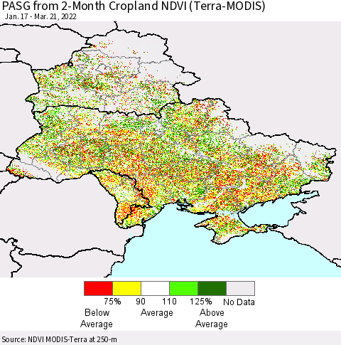 Ukraine, Moldova and Belarus PASG from 2-Month Cropland NDVI (Terra-MODIS) Thematic Map For 3/14/2022 - 3/21/2022