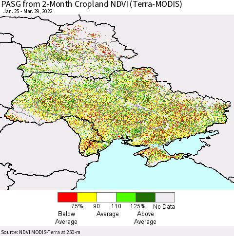 Ukraine, Moldova and Belarus PASG from 2-Month Cropland NDVI (Terra-MODIS) Thematic Map For 3/22/2022 - 3/29/2022