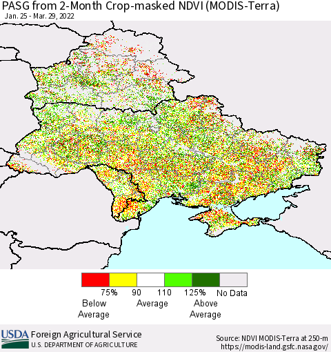 Ukraine, Moldova and Belarus PASG from 2-Month Cropland NDVI (Terra-MODIS) Thematic Map For 3/21/2022 - 3/31/2022