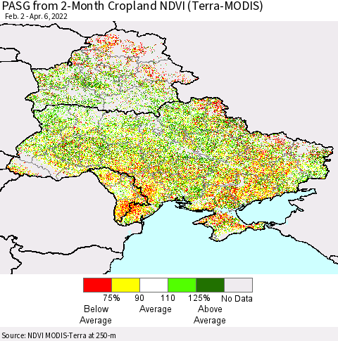 Ukraine, Moldova and Belarus PASG from 2-Month Cropland NDVI (Terra-MODIS) Thematic Map For 3/30/2022 - 4/6/2022