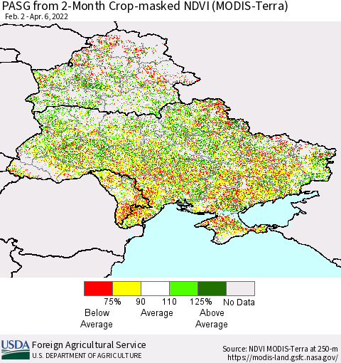 Ukraine, Moldova and Belarus PASG from 2-Month Cropland NDVI (Terra-MODIS) Thematic Map For 4/1/2022 - 4/10/2022