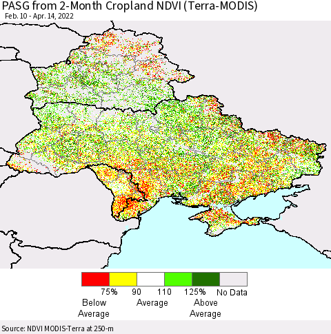 Ukraine, Moldova and Belarus PASG from 2-Month Cropland NDVI (Terra-MODIS) Thematic Map For 4/7/2022 - 4/14/2022