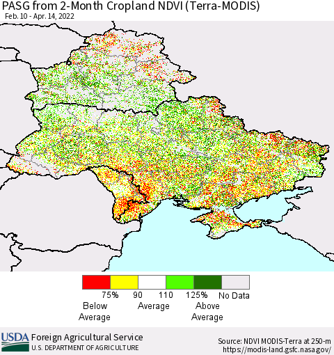 Ukraine, Moldova and Belarus PASG from 2-Month Cropland NDVI (Terra-MODIS) Thematic Map For 4/11/2022 - 4/20/2022