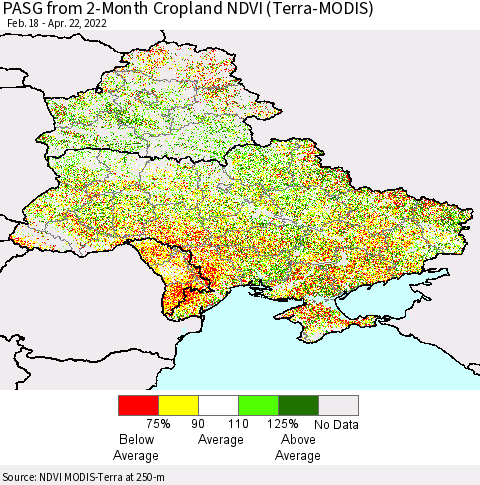 Ukraine, Moldova and Belarus PASG from 2-Month Cropland NDVI (Terra-MODIS) Thematic Map For 4/15/2022 - 4/22/2022