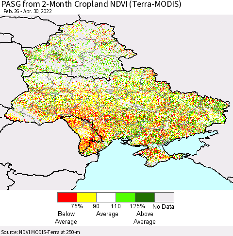 Ukraine, Moldova and Belarus PASG from 2-Month Cropland NDVI (Terra-MODIS) Thematic Map For 4/23/2022 - 4/30/2022