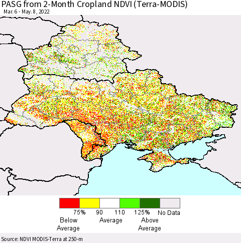 Ukraine, Moldova and Belarus PASG from 2-Month Cropland NDVI (Terra-MODIS) Thematic Map For 5/1/2022 - 5/8/2022