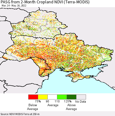 Ukraine, Moldova and Belarus PASG from 2-Month Cropland NDVI (Terra-MODIS) Thematic Map For 5/9/2022 - 5/16/2022