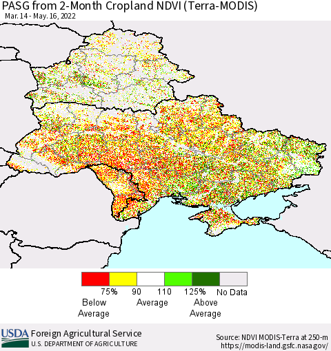 Ukraine, Moldova and Belarus PASG from 2-Month Cropland NDVI (Terra-MODIS) Thematic Map For 5/11/2022 - 5/20/2022