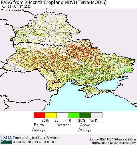 Ukraine, Moldova and Belarus PASG from 2-Month Cropland NDVI (Terra-MODIS) Thematic Map For 6/11/2022 - 6/20/2022
