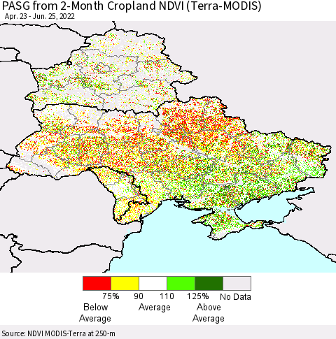 Ukraine, Moldova and Belarus PASG from 2-Month Cropland NDVI (Terra-MODIS) Thematic Map For 6/18/2022 - 6/25/2022