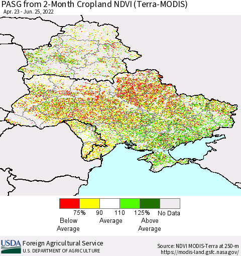 Ukraine, Moldova and Belarus PASG from 2-Month Cropland NDVI (Terra-MODIS) Thematic Map For 6/21/2022 - 6/30/2022