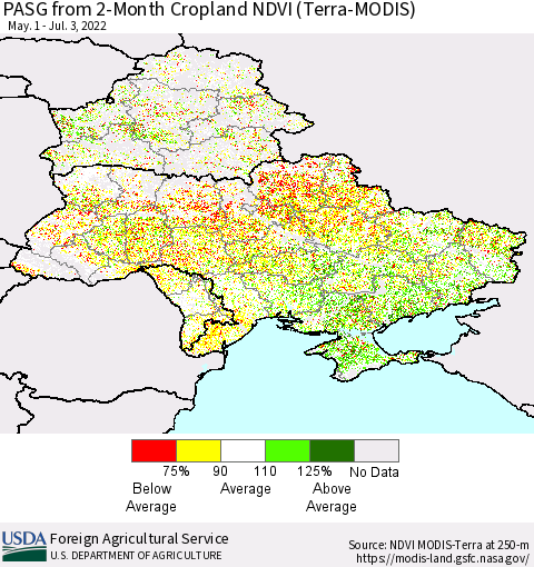 Ukraine, Moldova and Belarus PASG from 2-Month Cropland NDVI (Terra-MODIS) Thematic Map For 7/1/2022 - 7/10/2022