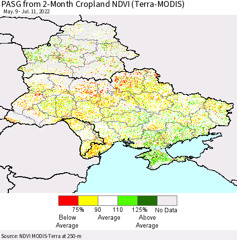 Ukraine, Moldova and Belarus PASG from 2-Month Cropland NDVI (Terra-MODIS) Thematic Map For 7/4/2022 - 7/11/2022
