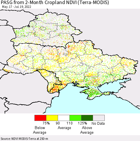 Ukraine, Moldova and Belarus PASG from 2-Month Cropland NDVI (Terra-MODIS) Thematic Map For 7/12/2022 - 7/19/2022