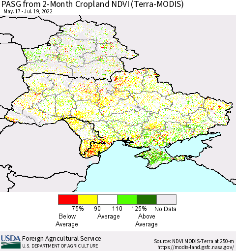 Ukraine, Moldova and Belarus PASG from 2-Month Cropland NDVI (Terra-MODIS) Thematic Map For 7/11/2022 - 7/20/2022