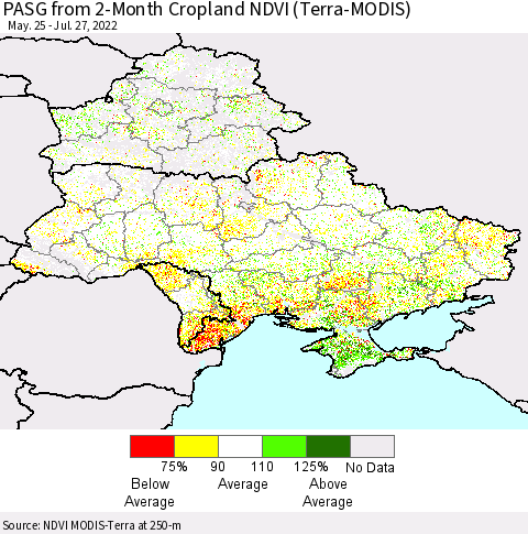 Ukraine, Moldova and Belarus PASG from 2-Month Cropland NDVI (Terra-MODIS) Thematic Map For 7/20/2022 - 7/27/2022