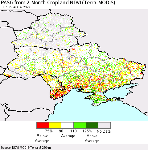 Ukraine, Moldova and Belarus PASG from 2-Month Cropland NDVI (Terra-MODIS) Thematic Map For 7/28/2022 - 8/4/2022