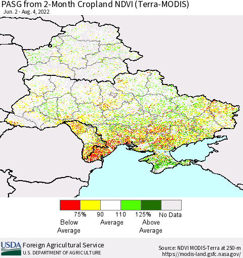 Ukraine, Moldova and Belarus PASG from 2-Month Cropland NDVI (Terra-MODIS) Thematic Map For 8/1/2022 - 8/10/2022