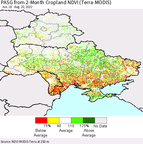 Ukraine, Moldova and Belarus PASG from 2-Month Cropland NDVI (Terra-MODIS) Thematic Map For 8/11/2022 - 8/20/2022
