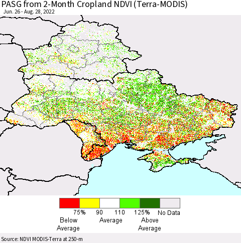 Ukraine, Moldova and Belarus PASG from 2-Month Cropland NDVI (Terra-MODIS) Thematic Map For 8/21/2022 - 8/28/2022