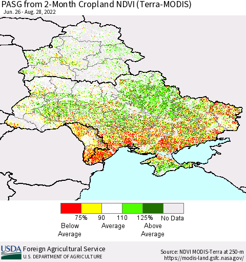 Ukraine, Moldova and Belarus PASG from 2-Month Cropland NDVI (Terra-MODIS) Thematic Map For 8/21/2022 - 8/31/2022