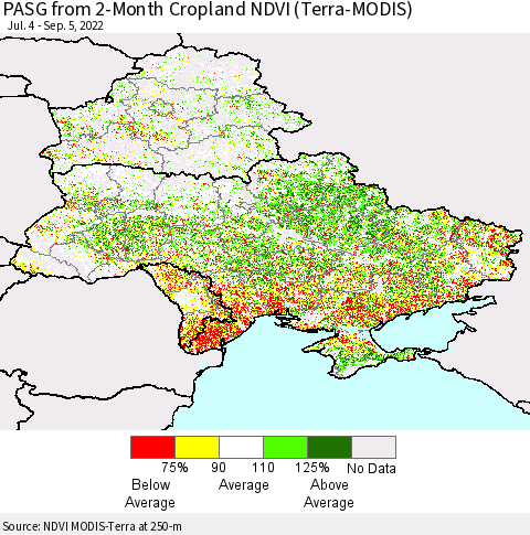 Ukraine, Moldova and Belarus PASG from 2-Month Cropland NDVI (Terra-MODIS) Thematic Map For 8/29/2022 - 9/5/2022