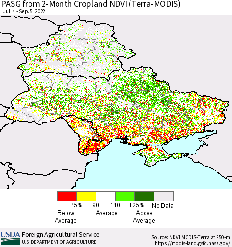 Ukraine, Moldova and Belarus PASG from 2-Month Cropland NDVI (Terra-MODIS) Thematic Map For 9/1/2022 - 9/10/2022