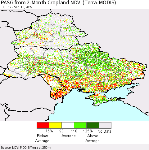 Ukraine, Moldova and Belarus PASG from 2-Month Cropland NDVI (Terra-MODIS) Thematic Map For 9/6/2022 - 9/13/2022