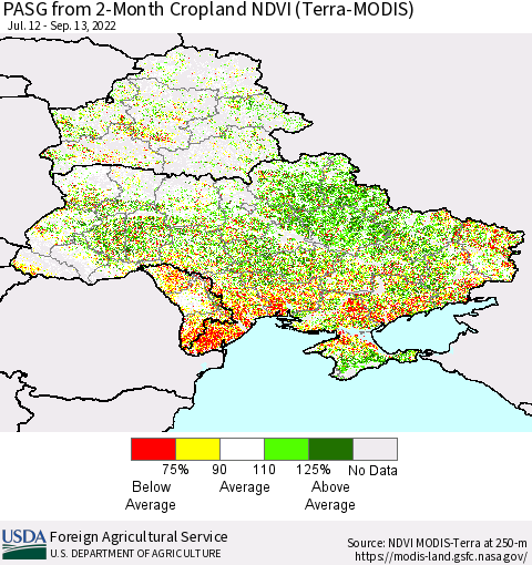 Ukraine, Moldova and Belarus PASG from 2-Month Cropland NDVI (Terra-MODIS) Thematic Map For 9/11/2022 - 9/20/2022
