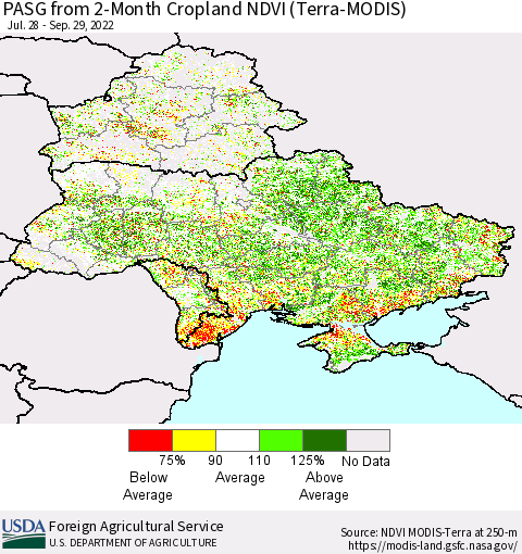 Ukraine, Moldova and Belarus PASG from 2-Month Cropland NDVI (Terra-MODIS) Thematic Map For 9/21/2022 - 9/30/2022