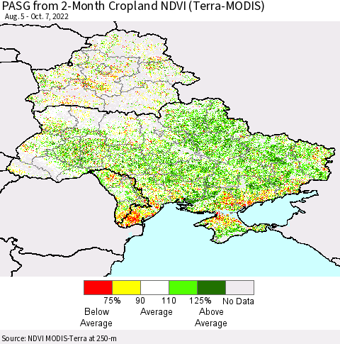 Ukraine, Moldova and Belarus PASG from 2-Month Cropland NDVI (Terra-MODIS) Thematic Map For 9/30/2022 - 10/7/2022
