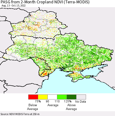 Ukraine, Moldova and Belarus PASG from 2-Month Cropland NDVI (Terra-MODIS) Thematic Map For 10/8/2022 - 10/15/2022