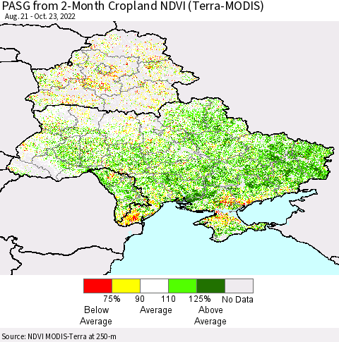 Ukraine, Moldova and Belarus PASG from 2-Month Cropland NDVI (Terra-MODIS) Thematic Map For 10/16/2022 - 10/23/2022