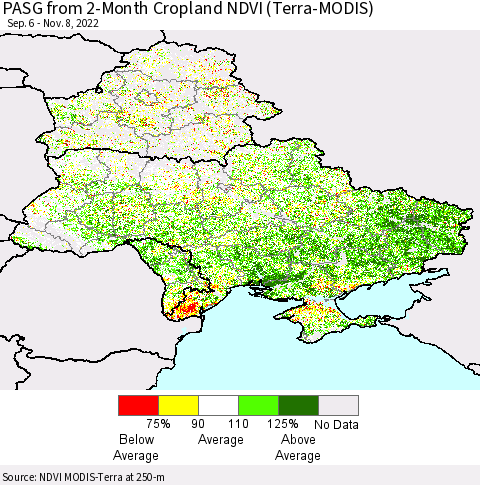 Ukraine, Moldova and Belarus PASG from 2-Month Cropland NDVI (Terra-MODIS) Thematic Map For 11/1/2022 - 11/8/2022