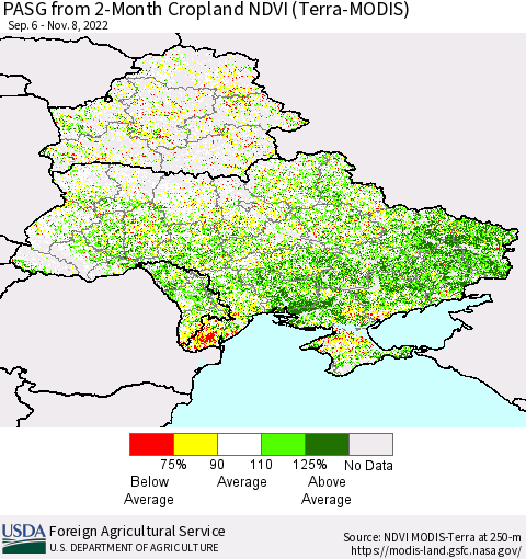 Ukraine, Moldova and Belarus PASG from 2-Month Cropland NDVI (Terra-MODIS) Thematic Map For 11/1/2022 - 11/10/2022