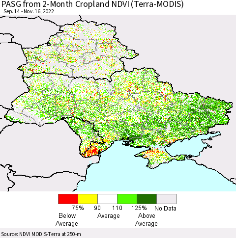 Ukraine, Moldova and Belarus PASG from 2-Month Cropland NDVI (Terra-MODIS) Thematic Map For 11/9/2022 - 11/16/2022