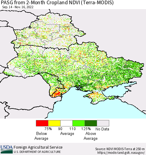 Ukraine, Moldova and Belarus PASG from 2-Month Cropland NDVI (Terra-MODIS) Thematic Map For 11/11/2022 - 11/20/2022