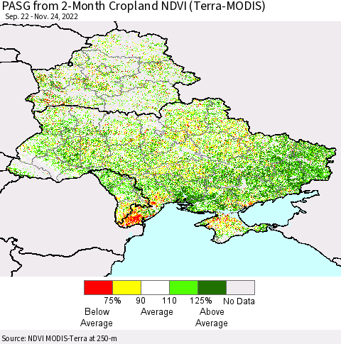 Ukraine, Moldova and Belarus PASG from 2-Month Cropland NDVI (Terra-MODIS) Thematic Map For 11/17/2022 - 11/24/2022