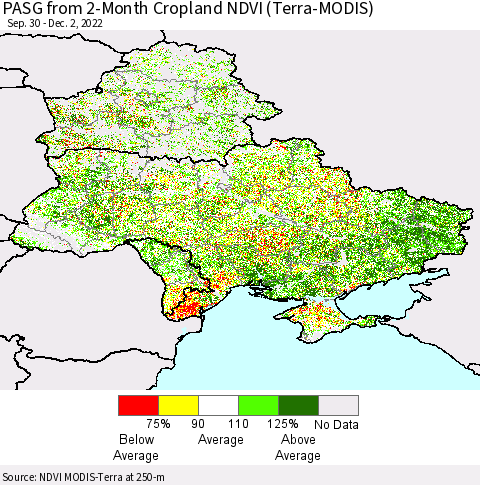 Ukraine, Moldova and Belarus PASG from 2-Month Cropland NDVI (Terra-MODIS) Thematic Map For 11/25/2022 - 12/2/2022