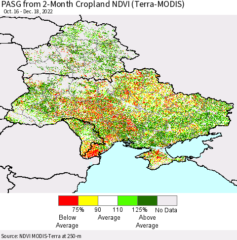 Ukraine, Moldova and Belarus PASG from 2-Month Cropland NDVI (Terra-MODIS) Thematic Map For 12/11/2022 - 12/18/2022