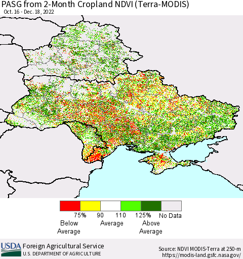 Ukraine, Moldova and Belarus PASG from 2-Month Cropland NDVI (Terra-MODIS) Thematic Map For 12/11/2022 - 12/20/2022