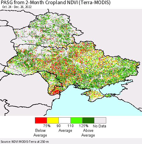 Ukraine, Moldova and Belarus PASG from 2-Month Cropland NDVI (Terra-MODIS) Thematic Map For 12/19/2022 - 12/26/2022