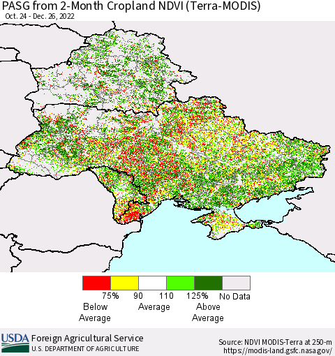 Ukraine, Moldova and Belarus PASG from 2-Month Cropland NDVI (Terra-MODIS) Thematic Map For 12/21/2022 - 12/31/2022