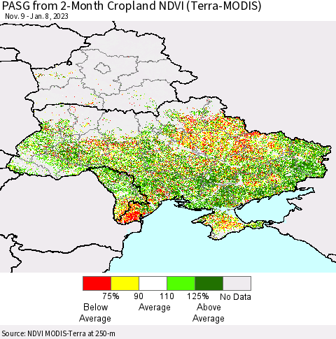 Ukraine, Moldova and Belarus PASG from 2-Month Cropland NDVI (Terra-MODIS) Thematic Map For 1/1/2023 - 1/8/2023