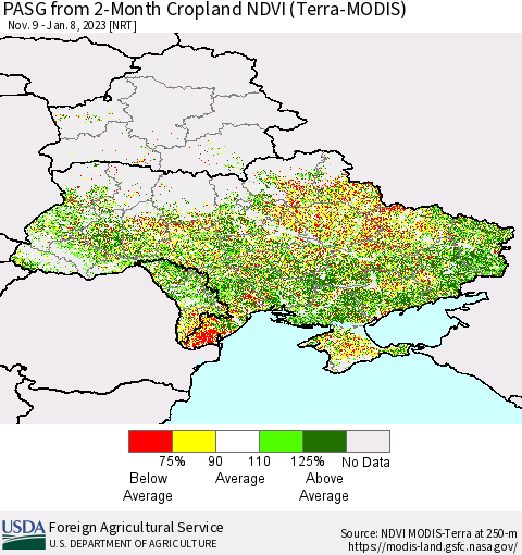 Ukraine, Moldova and Belarus PASG from 2-Month Cropland NDVI (Terra-MODIS) Thematic Map For 1/1/2023 - 1/10/2023