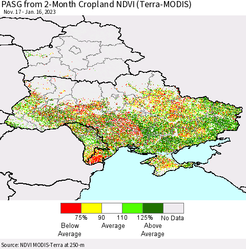 Ukraine, Moldova and Belarus PASG from 2-Month Cropland NDVI (Terra-MODIS) Thematic Map For 1/9/2023 - 1/16/2023