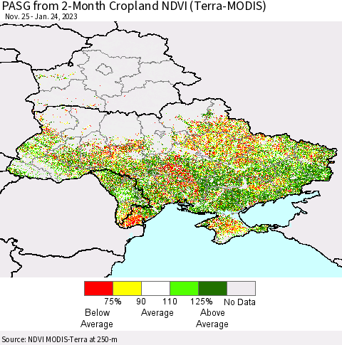 Ukraine, Moldova and Belarus PASG from 2-Month Cropland NDVI (Terra-MODIS) Thematic Map For 1/17/2023 - 1/24/2023