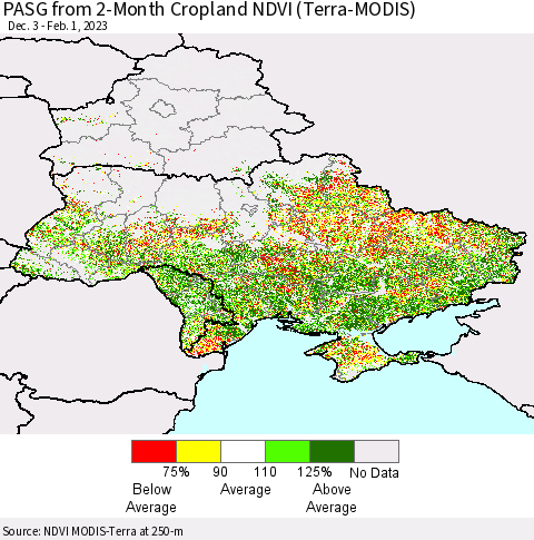 Ukraine, Moldova and Belarus PASG from 2-Month Cropland NDVI (Terra-MODIS) Thematic Map For 1/25/2023 - 2/1/2023